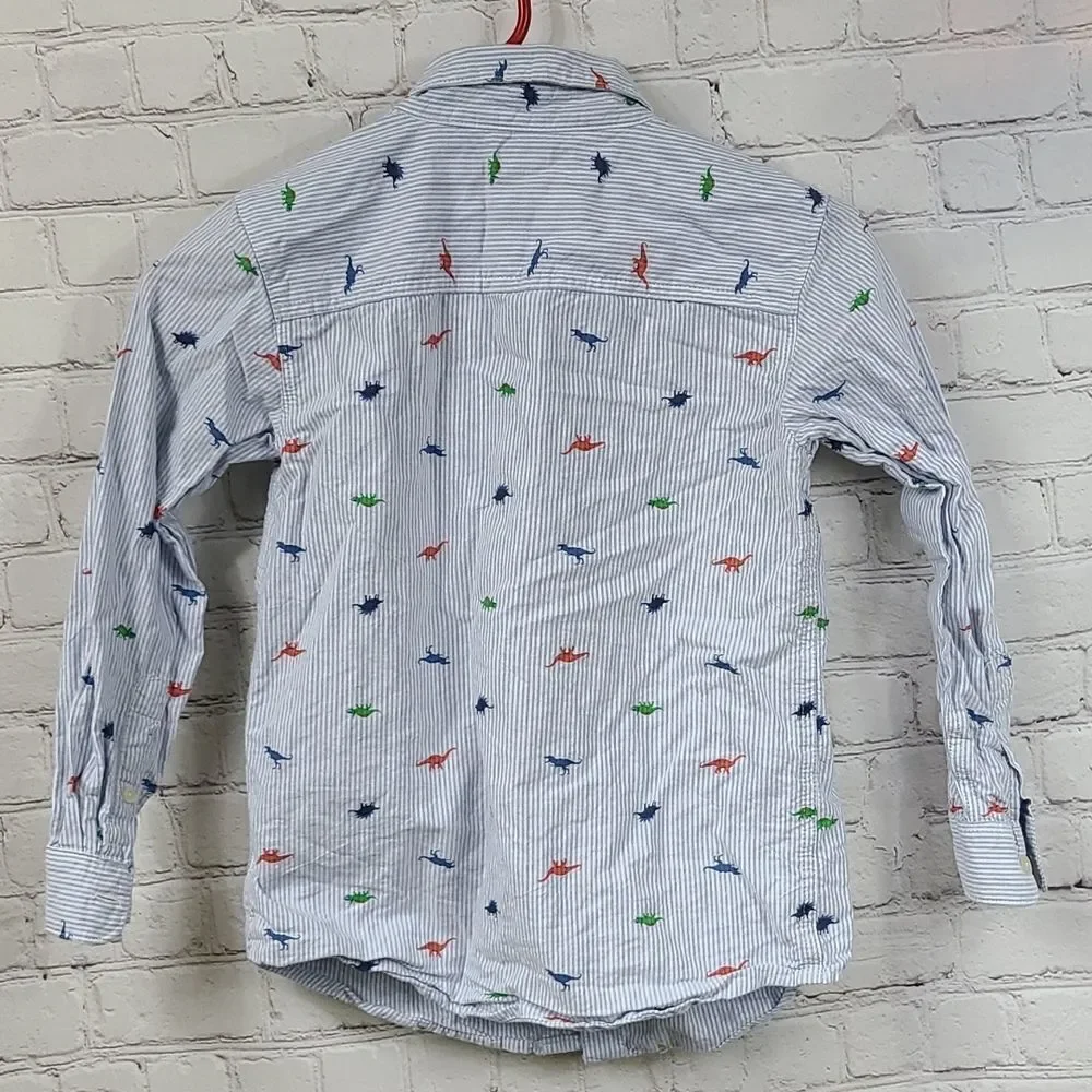 Carter's Boy 8 Blue Striped Dinosaur Button-Front Dress Shirt Long Sleeve Preppy